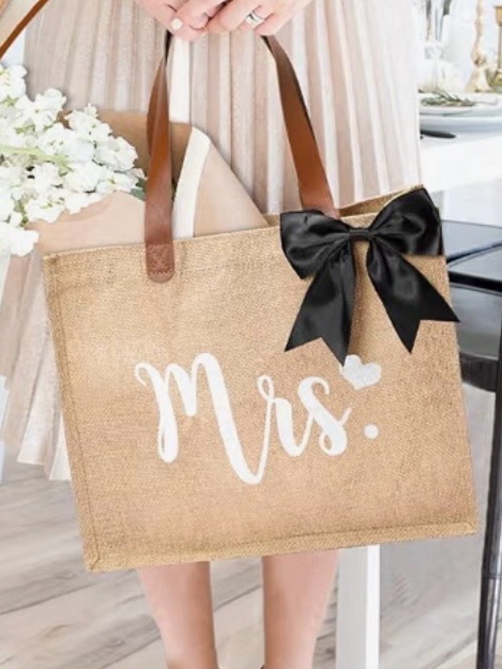 Mrs. Jute Tote with Black Bow and Tan Handles